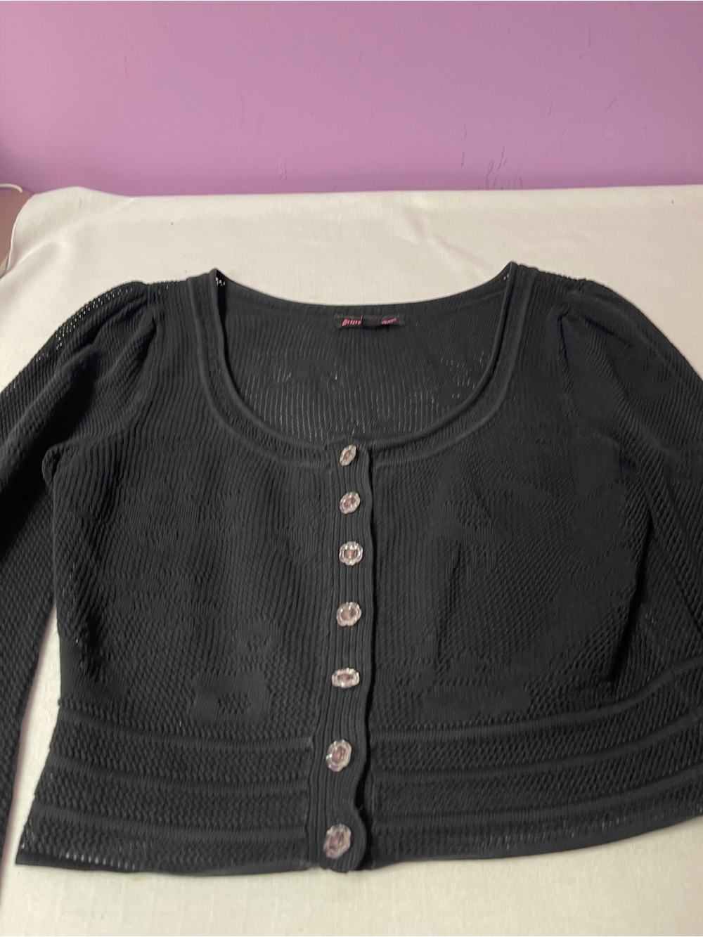 Vintage Betsey Johnson Black Floral Mesh Crochet Cropped Cardigan Size L Y2K - Picture 5 of 8